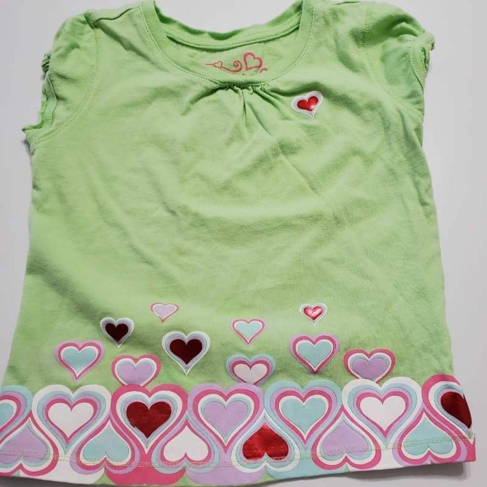 Green Dog Girls T-Shirt Red White Hearts Scoop Neck Cap Sleeve Cotton Tee 4T